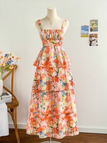 Soleia 女士浪漫粉色油画扎染印花连衣裙，宽肩带，褶皱胸围，多层荷叶边裙，休闲长裙，适合下午茶、婚礼季节、情人节、派对、约会