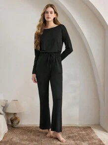 Ocili Leisure Soft & Smooth Silky Milk Fiber Women Sleepwear Set, Long Sleeve & Long Pants Jumpsuit