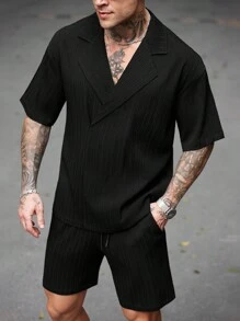 Manfinity RSRT Men's Casual Daily Wear For Beach Vacations, Featuring A Classic Black Loose-Fit Casual Shirt Set With Short Sleeves And A Gun Collar, Made From Vertical Striped Pleated Textured Jacquard Fabric. This Outfit Is Perfect For Hawaiian Beach Vacations, Music Festivals, And Everyday Wear. It Makes A Great Gift For Boyfriends Or Husbands, Designed With A Stylish Loose Drop-Shoulder Fit. Men's Solid Color Short Sleeve Polo Shirt And Shorts Set Men Clothes Outfits For Men Men Shirt Co-Ord ,Men Shorts Set ,Men Two Pieces Outfits - Black - View 5