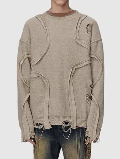 Grunge Punk Jersey de cuello redondo de unicolor, con efecto desgastado, de manga larga y casual para hombre