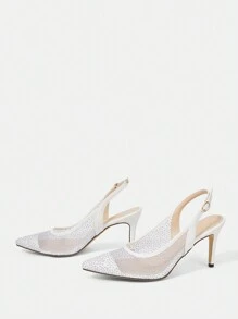 CUCCOO HITCHD Sepatu hak sedang berujung runcing berenda untuk wanita, dihiasi rhinestones, elegan untuk pesta pernikahan, pesta, dan kencan musim semi. - Putih - View 9