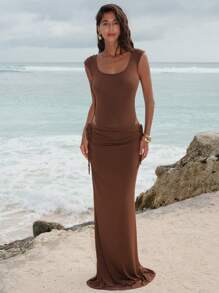 Opulessa 2pcs/Set Women Solid Turtleneck Bodysuit & Floor-Length High-Waist Skirt - Brown - View 3