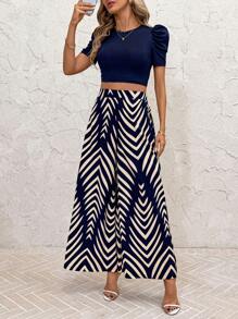SHEIN Clasi Clasi Women Crew Neck Ribbed Crop Top & Wide Leg Pants Suit, Abstract Print, Spring Summer Casual Vacation Elegant 2pcs Set