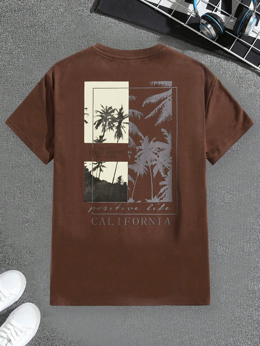 SHEIN Leap Crew Áo thun tay ngắn thường ngày cho bé trai tuổi teen, phong cách thể thao/đường phố/punk/rock/trường học, thích hợp cho các buổi đi chơi, tiệc tùng, lễ hội âm nhạc vào mùa xuân và mùa hè, họa tiết cây dừa, nâu - Cà phê nâu - Xem 1