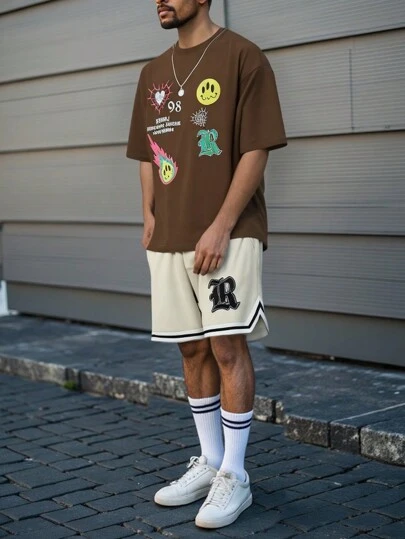 Manfinity Homme Men's Cartoon Print Round Neck Short Sleeve T-Shirt And Drawstring Waist Shorts Set, Colorful, Boyfriend Gift