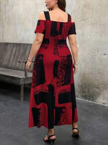 EMERY ROSE Plus Size Women Knit Slim Fit Long Printed Hollow Short Sleeve Square Neck Dress - Burgundy - View 2
