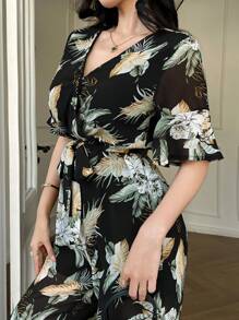 DAZY Women's Floral V-Neck Ruffled Tied Jumpsuit Vacation Outfits Women Easter Boho Jumpsuit For Women - Black - View 7