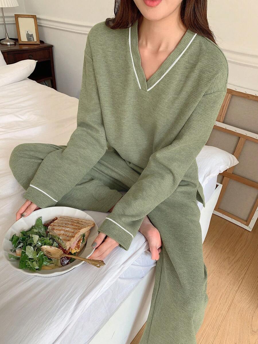 DAZY Women's Thick Knit Fabric Loungewear Set, Autumn/Winter, Fall Clothes Pajama, Cozy Outfit - Army Green - View 1