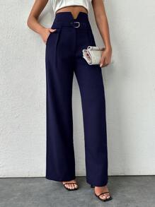 SHEIN Tall 高腰黑色开叉直筒裤 - 藏蓝色 - 查看 1