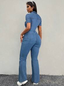 SHEIN SXY Women's Denim Jumpsuit, Skinny Long Flared Pants, Short Sleeve Sexy Stretchy Black - Medium Wash - View 2