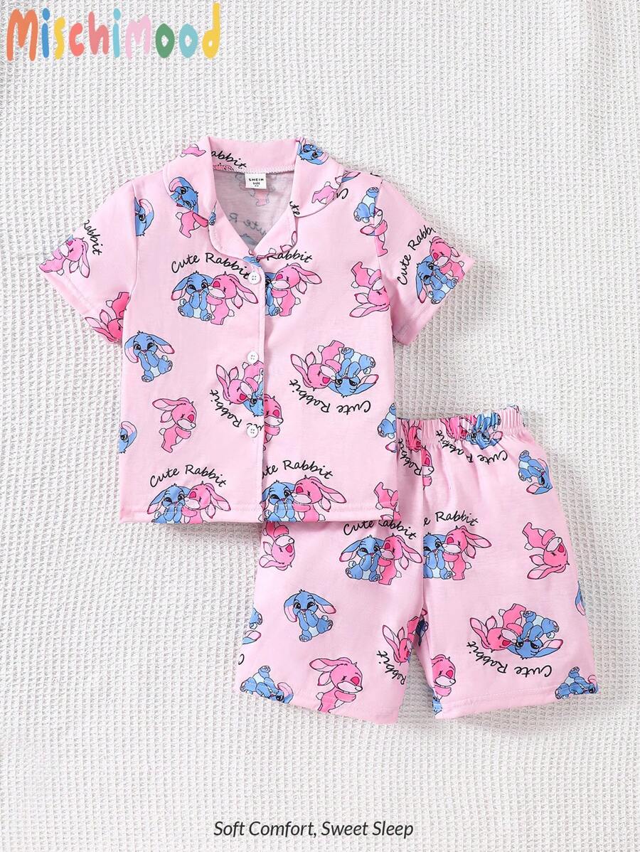 2pcs/Set Young Girl Cute Rabbit Print Flame Resistant Short Sleeve Shirt And Pants Pajama Set,Pink,Summer,Fairy,Family Matching,Holiday Travel Sleep - Pink - View 1