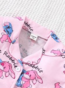 2pcs/Set Young Girl Cute Rabbit Print Flame Resistant Short Sleeve Shirt And Pants Pajama Set,Pink,Summer,Fairy,Family Matching,Holiday Travel Sleep - Pink - View 5