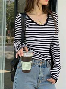 INAWLY Vrouwen gestreepte en kant patchwork ronde hals lange mouw T-shirt grafische T-shirts vrouwen tops voor lente-outfit