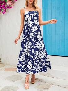 Vivid Eden 女士度假花卉印花修身长裙，细肩带 - 藍色 - 查看 5