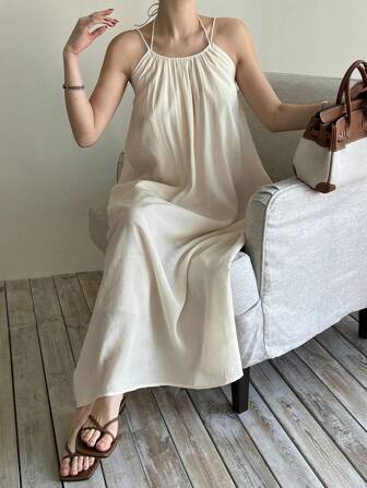 DAZY Women's Loose Spaghetti Strap Mid-Length Vacation Dress Sundress,Casual Women Dresses