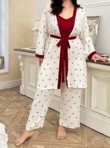 CottageSlumber Conjunto de camisola y bata de dormir de talla grande con bloque de color e impresión de cerezas, perfecto para vacaciones