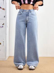 SHEIN PETITE 女士口袋宽松阔腿休闲牛仔裤，百搭 - 藍色 - 查看 6