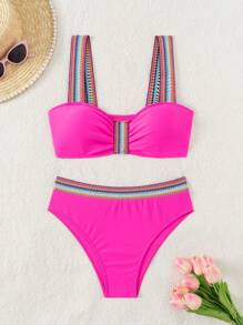 SHEIN Swim Women's Colorful Striped Ruffle Sexy Bikini Swimwear Set, For Summer Beach Vacation