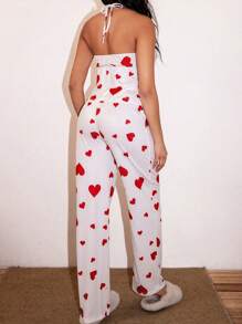 Heart Print Deep V Neck Spaghetti Strap Backless Long Pants Pajama Set - White - View 5
