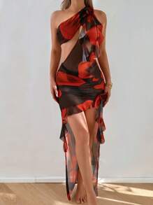 SHEIN Swim Springbreak 女式随机花卉印花不对称荷叶边镂空不对称领口沙滩罩衫 - 彩色 - 查看 6