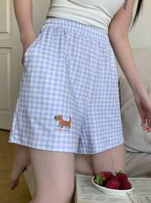 DAZY Cartoon Print Plaid Loose Short Pajama Bottom - Blue - View 7