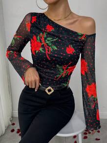 SHEIN Unity Women's Valentine's Day Red Rose Printed Asymmetrical Sleeveless Long Sleeve T-Shirt Black And Red,Autumn,Seductive,Night Out,Casual Versatile Cloth - Black - View 5