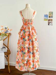 Soleia 女士浪漫粉色油画扎染印花连衣裙，宽肩带，褶皱胸围，多层荷叶边裙，休闲长裙，适合下午茶、婚礼季节、情人节、派对、约会