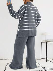 RueChic Striped Pattern Drop Shoulder Sweater & Flare Leg Knit Pants - Grey - View 2