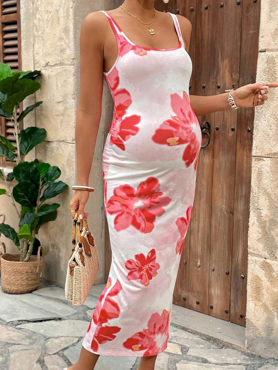 SHEIN Maternity Floral Print Simple Fitted Tank Long Dress - Pink - View 1