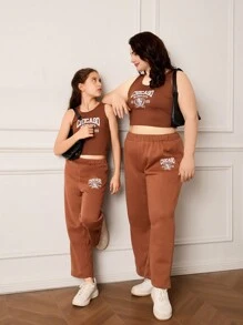 SHEIN 2 件套 青少年女孩运动休闲舒适设计图案印花吊带背心和紧身裤 - 棕色 - 查看 5