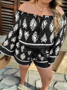 SHEIN VCAY Plus Size Black And White Print Off Shoulder Long Sleeve Top & Loose Shorts 2 Pieces Set,Elegant Boho Autumn Vacation Holiday Summer Beach Outfits - Black - View 5