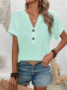 SHEIN LUNE Vacation Casual Solid Color Textured Keyhole Neckline Batwing Sleeve T-Shirt - Green - View 5