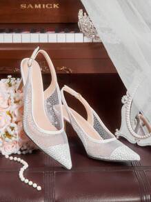 CUCCOO HITCHD Sepatu hak sedang berujung runcing berenda untuk wanita, dihiasi rhinestones, elegan untuk pesta pernikahan, pesta, dan kencan musim semi. - Putih - View 4