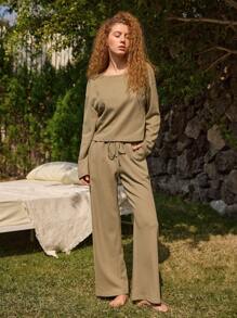 Ocili Ocili Conjunto de pijama/ropa de estar en casa de mujer con top corto de algodón 100% con textura de gofre sin hombros de manga corta, de ajuste holgado y cómodo