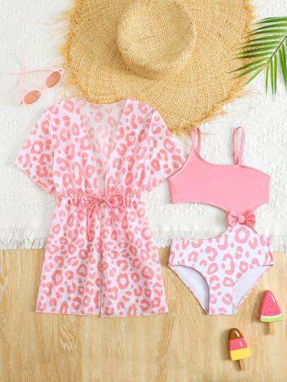 بدلة سباحة قطعة واحدة لفتاة شابة مع حزام الخصر المنقوش بطبعة النمر وقوس عقدة + غطاء للحماية من الأشعة فوق البنفسجية مجموعة من قطعتين