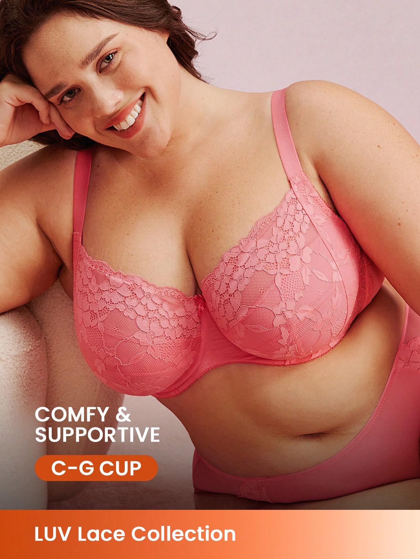 Plus Woman Bielizna o pełnym pokryciu, Lounge Curve Support i oddychające fiszbiny, seksowny, bez podszewki, minimalizujący biustonosz w kolorze różowym z koronką, elegancka bielizna ślubna