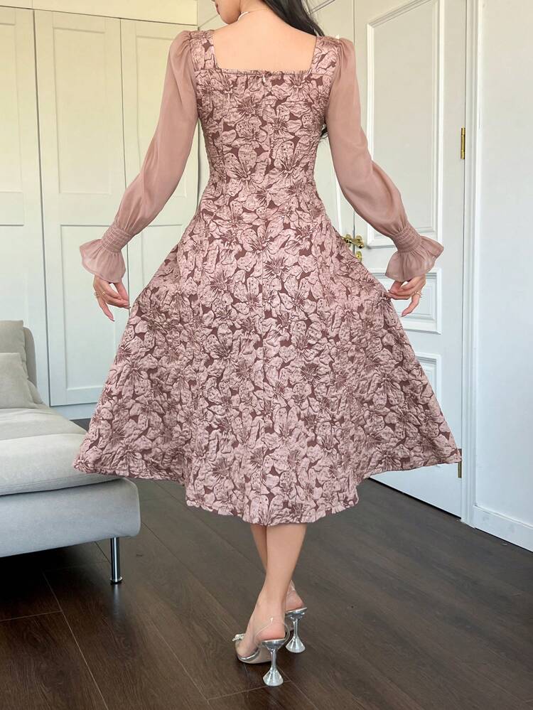 Elegant Women's Mid-Length Chiffon Floral Patchwork Square Neck Puff Sleeve Dress, Spring,Fall Dress Long Sleeve Dress Easter