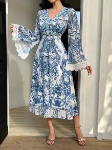 DAZY Floral All-Over V-Neck Lace Trim Slit Midi Dress For Women Boho,Fall Dress Long Sleeve Dress - Blue - View 4