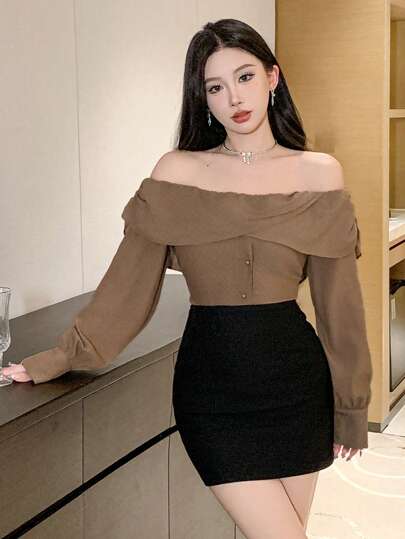DAZY 女士纯色露肩长袖优雅衬衫上衣，夏季