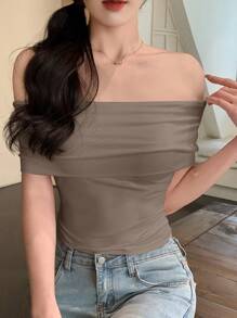 DAZY Camiseta ajustada de unicolor con hombros descubiertos para salir - Gris - Ver 3