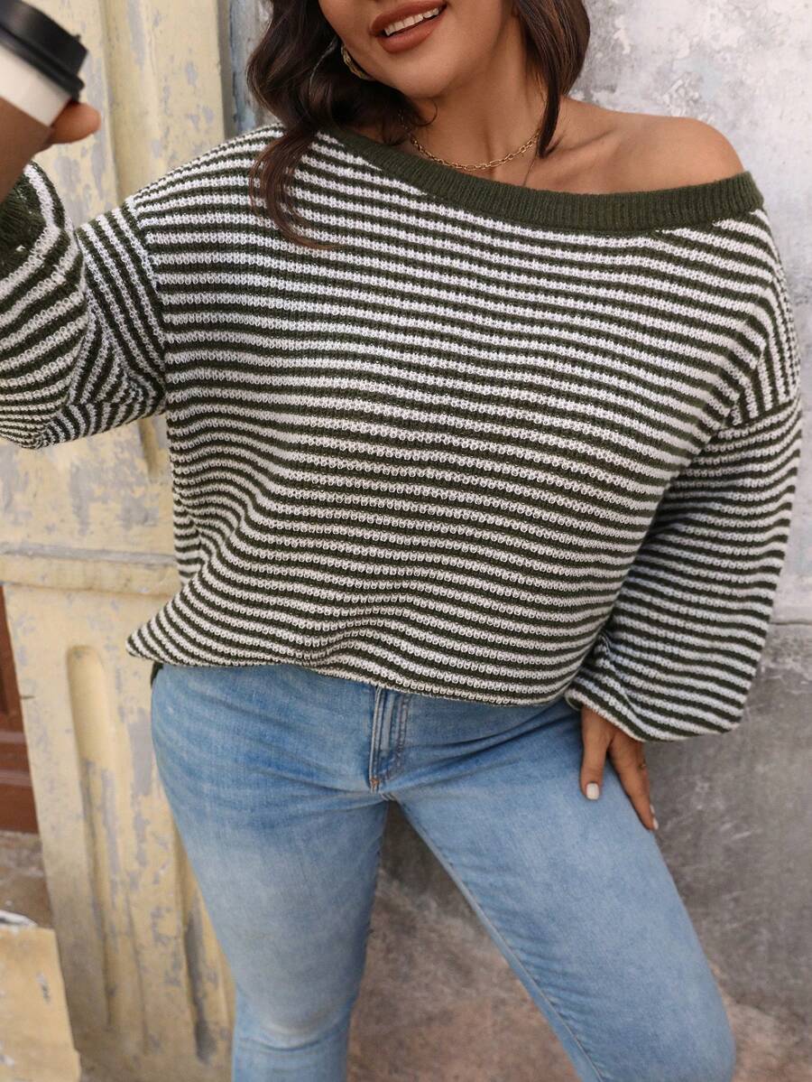 SHEIN LUNE 大码女式露肩横条纹单肩套头衫商务休闲女士、度假装、乡村上衣