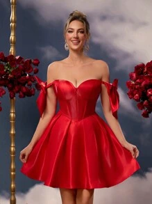 Lovelzi Elegant And Romantic Red Glossy Satin Off The Shoulder Exaggerated Big Bow Sleeves Wedding Guest Dress, Suitable For Evening Parties Valentine's Day Date Back-To-School Prom Dress Homecoming Dress, Party Dress - Red - View 7