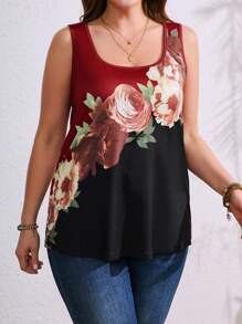 SHEIN LUNE Blouse décontractée à imprimé floral sans manches, grande taille grande, porter au quotidien