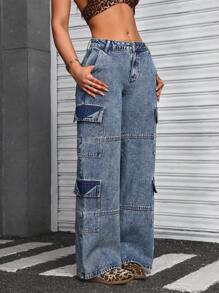 SHEIN ICON 适合日常穿着的女式前扣口袋简约休闲牛仔裤