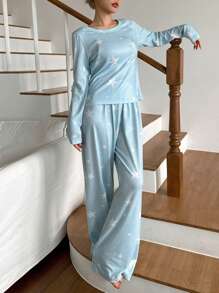 DAZY Star Pattern Round Neck Long Sleeve Top And Pants Pajama Set - Blue - View 7