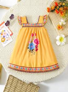 SHEIN Đầm dệt kim rộng rãi màu vàng in họa tiết hoa cho bé gái, thích hợp cho kỳ nghỉ xuân/hè và vui chơi ngoài trời - trái cam - Xem 3