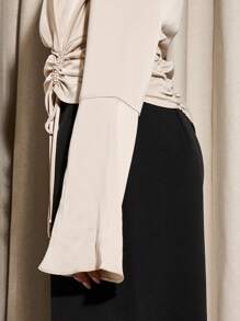 AiiRZ Luxury Asymmetric One Sleeve Ruched Satin Blouse With Statement Flared Bell Sleeve Elegant Evening Party Top Wedding Guest Formal Wear - Apricot - View 6