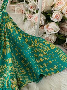 SHEIN LUNE Plus Size Boho Spaghetti Strap Ruffle Allover Print Simple Casual Dress, For Summer - Green - View 4