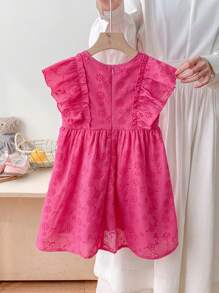 SHEIN Young Girl Hollow Embroidered Round Ruffle Cake Hem Dress, Spring/Summer Ramandan Style Matching Family Vacation, Holidays, National, Suitable For Girls Daily Wear, Home Wear, Festivals, Family Gatherings And Special Occasions, Sibling Outfits, Spring And Summer, Cute & Elegant & Sweet & Vintage & Fashionable.Mom And Daughter & Sisters Matching. - Hot Pink - View 3