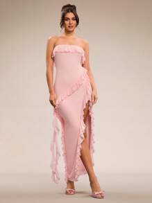 SHEIN BAE Summer Beach Vacation Solid Pink Sexy Backless Lotus Leaf Dress Tube Top Super Long Wedding Dress Bridesmaid Dress Dating Dress Party Dress School Season Dress Holiday Dress Birthday Dress Night Out Dress Summer Outfits For Women/Spring Clothes/Valentine's Day Outfit/Carnival/Beach Vacation Outfits